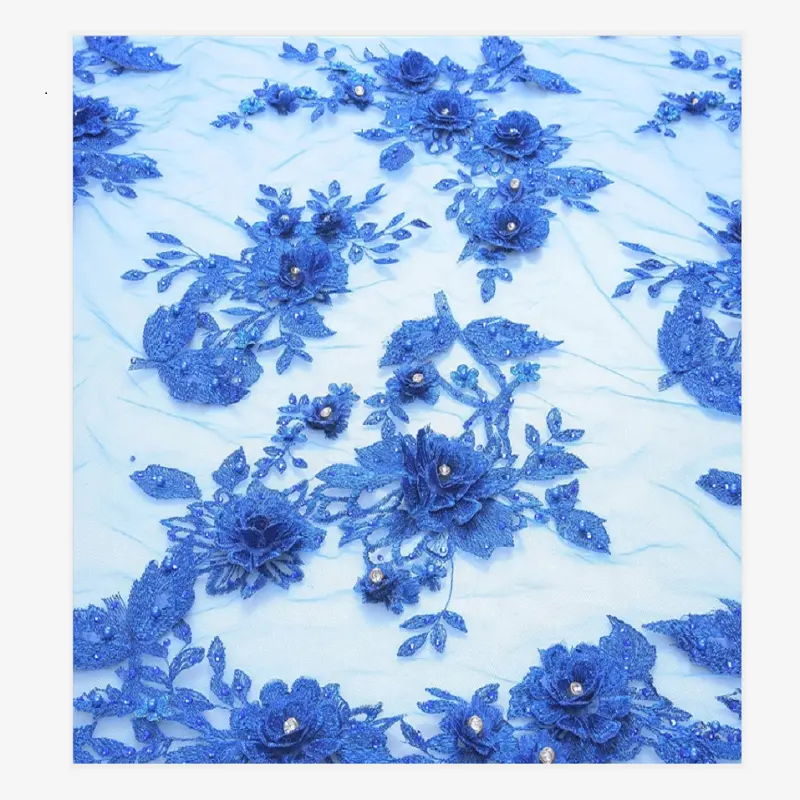 In-stock swiss 3d royal blue flower applique guipure lace fabric for wedding dresses