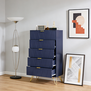 Meuble de chambre à coucher, <span class=keywords><strong>commode</strong></span> à 5 tiroirs, style scandinave moderne, <span class=keywords><strong>commode</strong></span> de rangement avec poignées et pieds dorés, étroite - Product Image 4