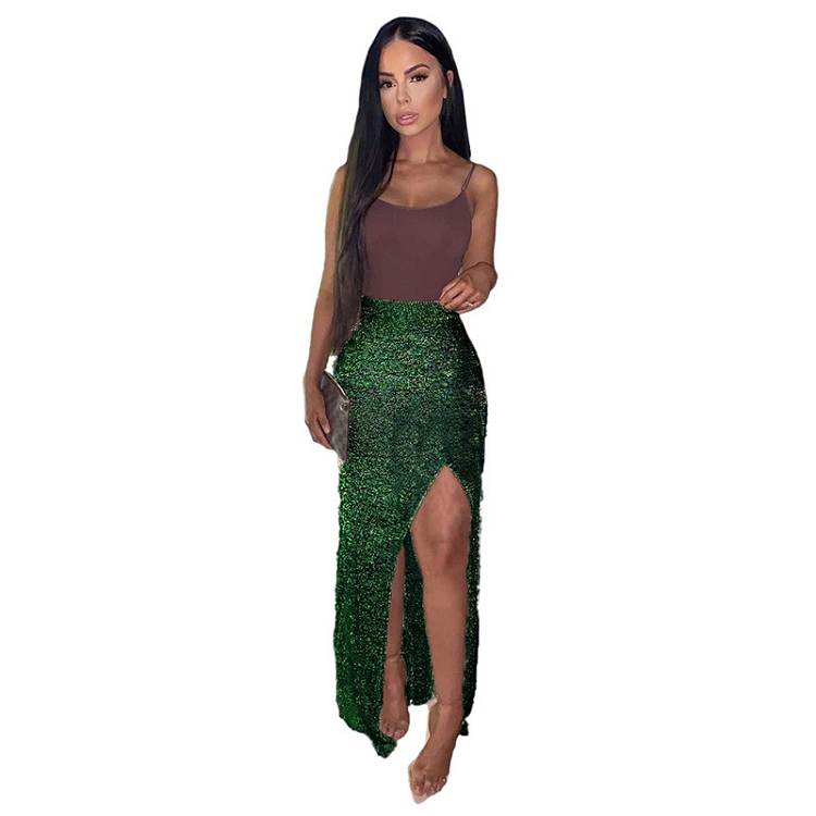 Sexy Luxury Party Ladies Shiny Sequined Floor Skirt High Split Slimming Skirts
