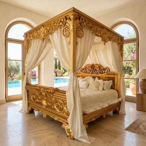 Luxury <b>Victorian</b> King Size Canopy <b>Bed</b> with Teakwood <b>Frame</b> Antique Gold Finish Fabric Drapes-Home Furniture 5 Year Warranty - Product Image 1