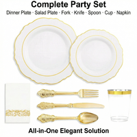Assiettes, gobelets et couverts jetables pour mariages, fêtes et pique-niques – Assiettes en plastique blanches à bord doré, écologiques, robustes, modernes et luxueuses