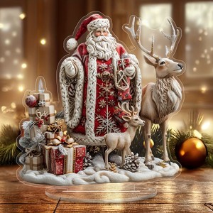 Figurine acrylique 2D plate de Noël avec effet visuel, <span class=keywords><strong>Père</strong></span> Noël et rennes, décoration de table de Noël, cadeau - Product Image 1