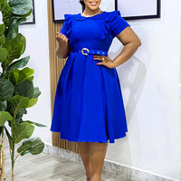 D583 Robes d'Été Tendance pour Femmes, Décontractées à Col Claudine, Manches Courtes, Volants, Coupe A-Line, Robe de Bureau Formelle pour Femmes, Carrière