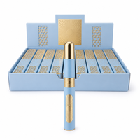 Flacon de parfum vide style stylo fin, bouchon doré et étiquette ornée bleu ciel, vaporisateurs rechargeables en gros avec logo personnalisé