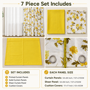 Juego de 7 piezas de cortinas de seda sintética estampada con paneles sólidos, cortina transparente y fundas de cojín, cortinas con ojales para ventana, venta al por mayor - Product Image 4