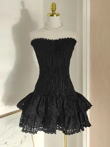 Mini Abiti da Spiaggia Y2K per <span class=keywords><strong>Donne</strong></span>, Design Retrò Blu Stampato con Dettagli Traforati, Vestito Aderente con Volant, Senza Spalline, Senza Maniche, Linea A - Product Image 3