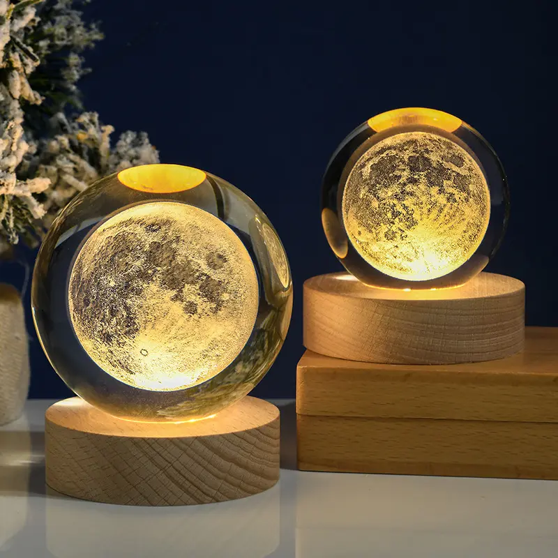 6Cm Maan 3d Laser Kristal Bal Hout Nachtlampje