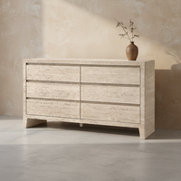 Commode à 6 tiroirs en chêne Wyeth, style italien classique, pierre de travertin, luxe, personnalisée, moderne, coffre de rangement à 6 tiroirs pour coiffeuses