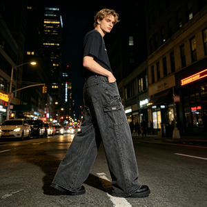 <span class=keywords><strong>Jeans</strong></span> Cargo Neri Vintage Lavati con Grandi Tasche <span class=keywords><strong>Laterali</strong></span> e Gamba Larga, Pantaloni in Denim Streetwear per Uomo, Fornitura all'Ingrosso - Product Image 1