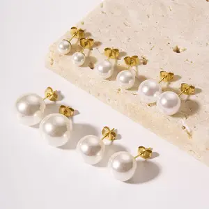 Exquisite 18K Gold Stainless Steel Earring Studs White Round Pearl Earrings for Women Girls