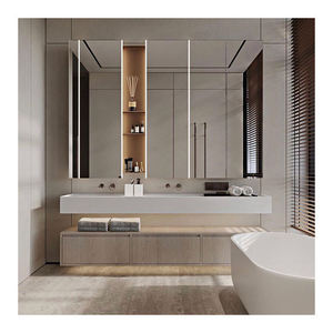 Mueble de Baño Simple de Pared con Doble Lavabo de Vidrio y PVC, con Espejo y Lavamanos - Product Image 5