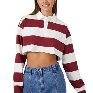 Chemises polo pour femmes à rayures contrastées rouge et blanc surdimensionnées à épaules tombantes avec broderie personnalisée, chemise de <span class=keywords><strong>rugby</strong></span> courte - Product Image 1