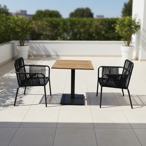 Ensemble de table en teck moderne pour l'extérieur et de chaises en aluminium avec cordes pour restaurant, café, hôtel, salle à manger, bar ou hôpital - Product Image 2