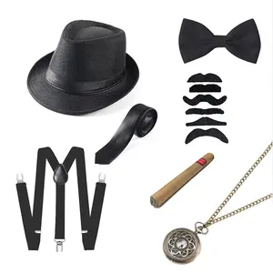 1920er-Jahre Herrenkostüm mit dem großen Gatsby Gangster Fedora-Hut Taschenuhr Bogenband Halloween-Cosplay-Kostüme Zubehör-Set