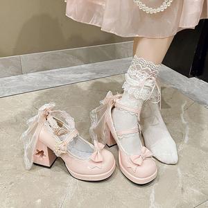 Pink Lolita Heeled <b>Sandals</b> With Bow Decoration Round Toe Platform Chunky Heel Buckle Closure Spring Women's Shoes - Product Image 5