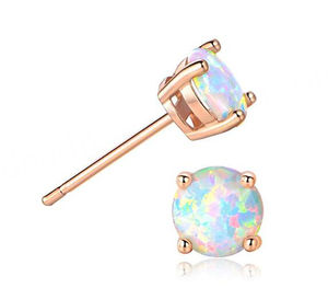Trendy Rose Gold Plated 925 Sterling Silver 6mm Round Cut White Opal Solitaire Stud <b>Earrings</b> for Engagement & Wedding - Product Image 2