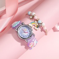 Nouvelle montre à quartz pour enfants, motif de dessin animé écologique, licorne violette, bracelet en silicone 3D, ensemble de bracelets en perles arc-en-ciel