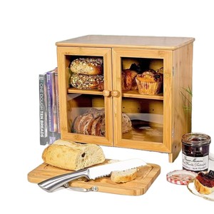 Bamboo Bread Storage Box <b>Double</b> Layer With Glass Door Kitchen Food Keeper Wooden Bread <b>Bin</b> For Fresh Bread Storage - Product Image 2