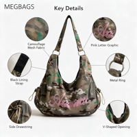 Tas Hobo Jaring Kamuflase Wanita Tas Tangan Kanvas Cetak Huruf Merah Muda Tas Tangan Selempang Jalanan untuk Belanja Sehari-hari dan Perjalanan Teknologi