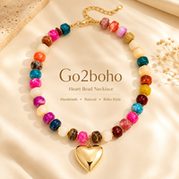 Collier pendentif cœur multicolore fait main en gros Go2boho pour femmes, style bohème avec pierres précieuses, bijoux ras-du-cou