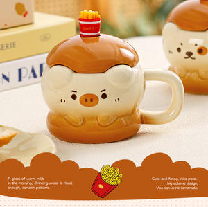 Small Animal Burger Cup with Lid with Spoon Cartoon Drink Cup with Handle Dust Proof Ceramic Couple Cup - Product Image 3
