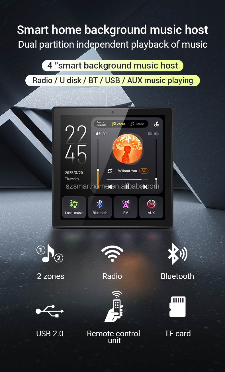 4-Inch Touch Screen Smart Switch Control Panel FM Radio Time Scheduling 2 Zones Independent Play Ceiling Wall Mount Amplifier · image 2