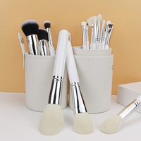 Kit de 15 pinceaux de maquillage à marque privée, poils en laine et synthétiques, pinceaux beauté visage et yeux avec étui cylindrique et virole en aluminium