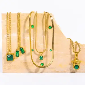 Super Hete Groene Hanger Ketting Rvs Smaragd Steen Zirkoon Bedelketting Mode 18K Vergulde Jade Kristallen Sieraden