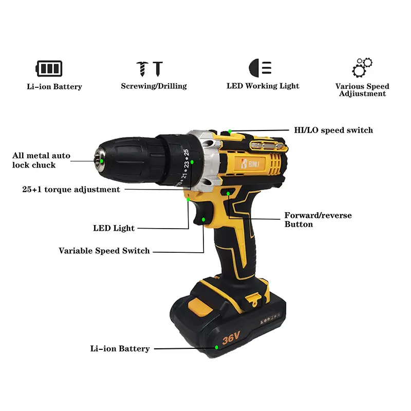 Binli atacado Lithium Cordless 21V36V 10 milímetros portátil Impact conjunto broca