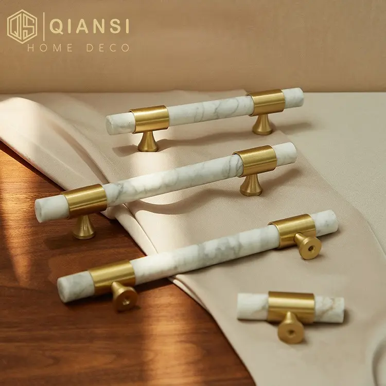 Qiansi HK0111 Nordic Natural Marble Pull Handles Knobs Furniture Wardrobe Door Handle Brass Accessories