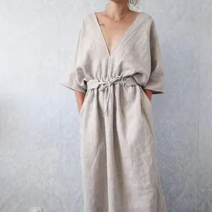 French Design Leisure Pure Linen Sun Dresses Inner Outer Wear Loose Nightgown Comfortable Linen Dress Waistband Support Custom