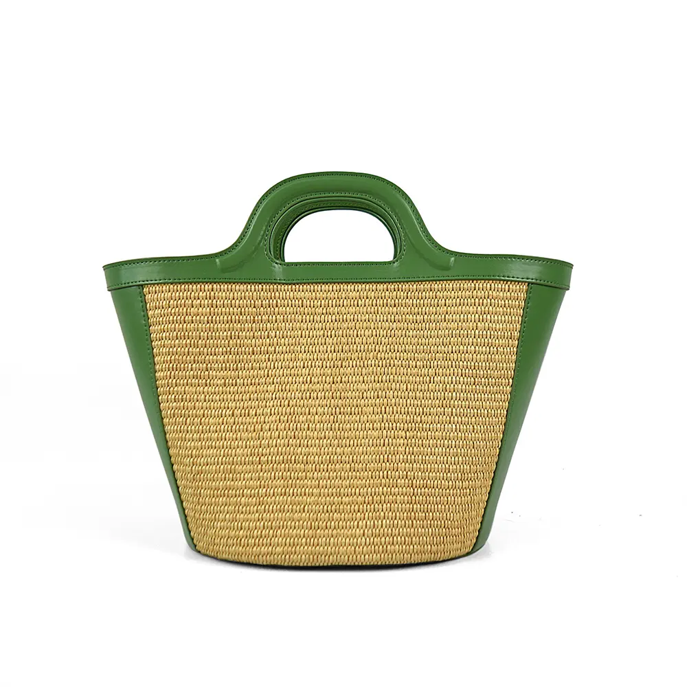 Borse estive alla moda personalizzate in Pu con tessitura borsa da spiaggia Casual combina materiale Pu e borsa da spiaggia in paglia per le donne