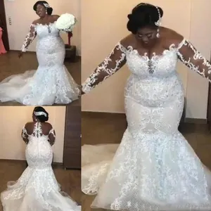2022 लंबी आस्तीन प्लस आकार शादी की पोशाक फीता मरमेड शादी की पोशाक ब्राइडल गाउन आरामदायक कपड़े दुल्हन शादी के अवसर के लिए