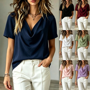 Blusa Casual DOVEARK con Logotipo Personalizado, Cuello en V, <span class=keywords><strong>Manga</strong></span> <span class=keywords><strong>Corta</strong></span>, Color Sólido, Corte Holgado, Textura Drapeada, Efecto Adelgazante para Mujer - Product Image 1