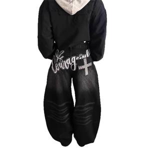 Jeans Harem en denim noir délavé à imprimé rétro américain pour hommes et femmes, nouveau printemps, pantalon ample amincissant à jambes larges - Product Image 5