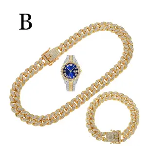Hot sale alloy and bling rhinestone 13mm cuban chain necklace bracelet and hip hop watch jewelry set