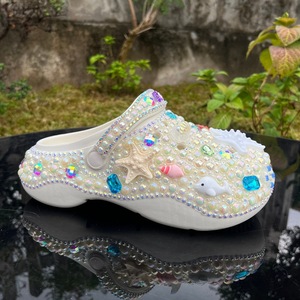 Ivory White Pearl Rhinestone <b>Clogs</b> Thick Sole EVA Cushioned Open Toe PVC Upper PU Lining Women's <b>Slippers</b> Fashion Decorated Sea - Product Image 1