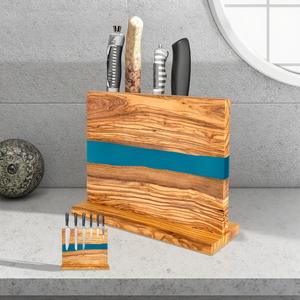 Grand bloc universel pour couteaux en résine époxy Porte-<span class=keywords><strong>couteau</strong></span> en bois d'olivier naturel avec aimant pour le <span class=keywords><strong>rangement</strong></span> des couteaux de cuisine - Product Image 6