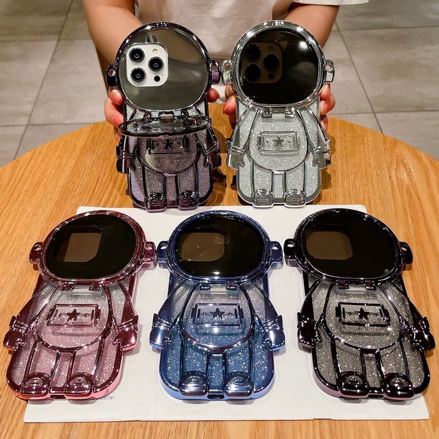 Luxury Glitter Cartoon Astronaut Style Crossbody Plating Lanyard TPU Back Cover Phone Case for iPhone 13 14 15 Pro Max