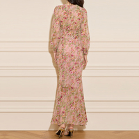 Robe longue femme personnalisée ODM à manches longues, col en V, imprimé floral, ourlet fendu brodé, style bohème de luxe, ensemble décontracté d'été