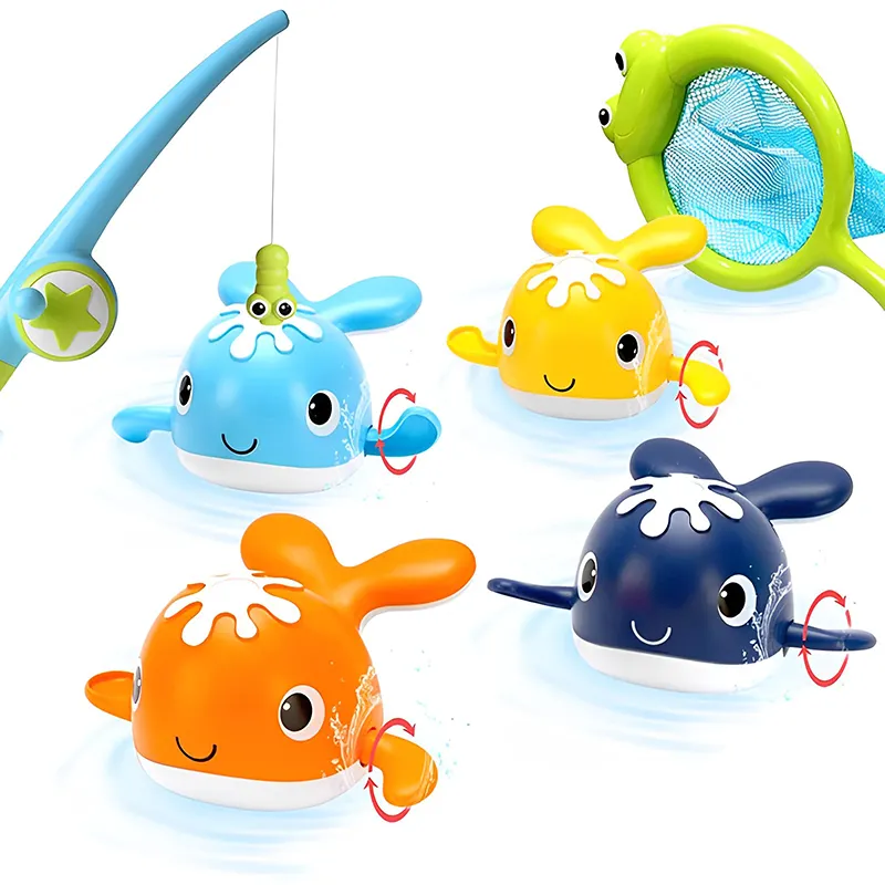 Bathroom Water Scoop Net Fishing Game Magnet Wind Up Floating Swimming Whales Baby Bath Toy Animal With Fishing Pole & Net
