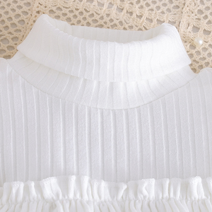 Ensembles de vêtements pour filles, hiver, col montant à volants, rayures verticales, tricot, culottes en denim, 2 pièces, vêtements pour enfants - Product Image 3