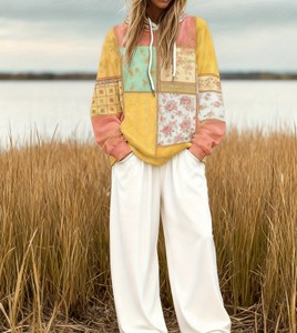 เสื้อฮู้ดผู้หญิงสไตล์โบฮีเมียนวินเทจ พิมพ์ลายเรขาคณิตดิจิทัล แบบสวมหัว มีฮู้ด ลำลอง แต่งสีบล็อก ตัดต่อผ้า มีซับใน สำหรับฤดูหนาวและฤดูใบไม้ร่วง - Product Image 2