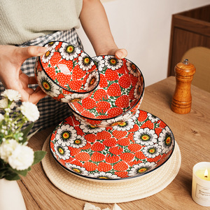 Foreign Trade Cross-border Creative Polish Color Plant Bone China Handmade Vintage <b>Camping</b> Tableware Rice Bowl Salad Bowl Plate - Product Image 2