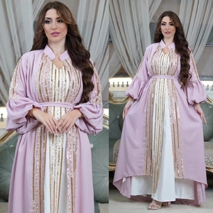 Oriente Medio Kuwait Abaya moda mujer 2 uds manga de burbuja Abaya bordado lentejuelas lujo tradicional musulmán mujer vestido
