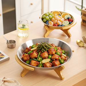 GY Stainless Steel Round Dinner Plate With <b>Bamboo</b> Stand Solid Color Fruit Platter ASTM Standard Superior Quality - Product Image 1