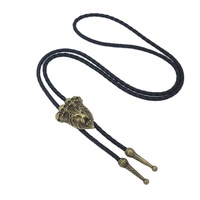 Collier Pendentif Bolo Tie Lion et Crâne en Bronze Antique, Bijou Multifonctionnel en Cuir Tressé PU et Alliage de Zinc, Style Western Cowboy pour Hommes