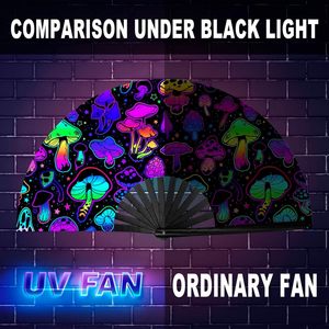 Precio de fábrica personalizado nuevo diseño de impresión de gran tamaño 33cm UV Light Up Festivals Neon UV Reactive Party Bamboo Kung Fu Fan - Product Image 4
