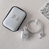 Magnifique Ensemble Housse de Téléphone Iphone Électroplaquée Or Rose avec Strass, Chargeur 20W avec Cordon, Cache Anti-Poussière, Étui et Sac Illustré pour Iphone