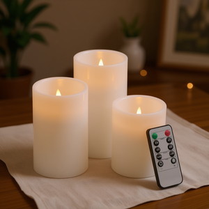 Led <b>Candle</b> <b>Set</b> Of 3 White Flameless <b>Candles</b> With Remote Timer Wax Material For Home Decoration Cylinder Shape Matte Finish - Product Image 2